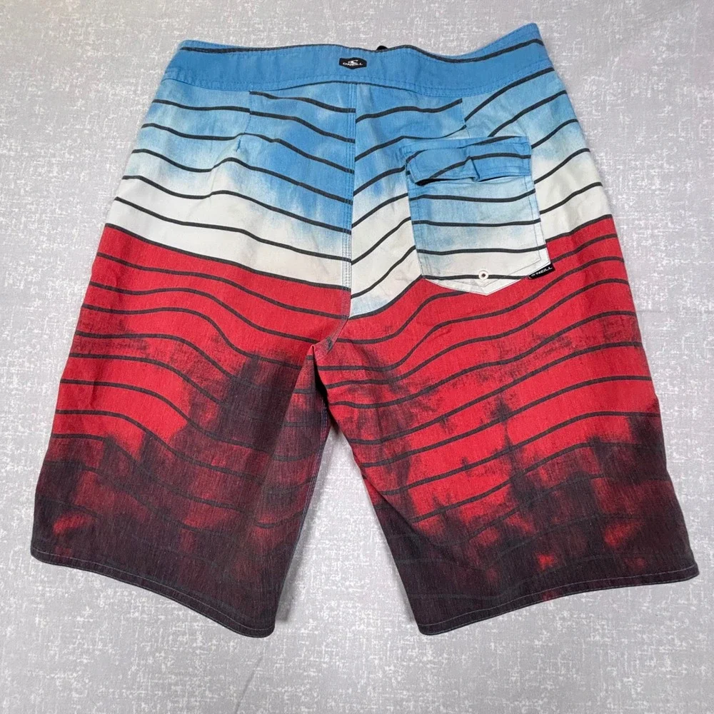 Lot of 2 O'Neill Mens Board Shorts Size 30 Blue Floral & Red Striped Swim Trunks